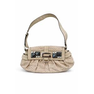 Y2K GUESS Monogram Baguette Shoulder Bag Beige Studded Logo Purse 2000s